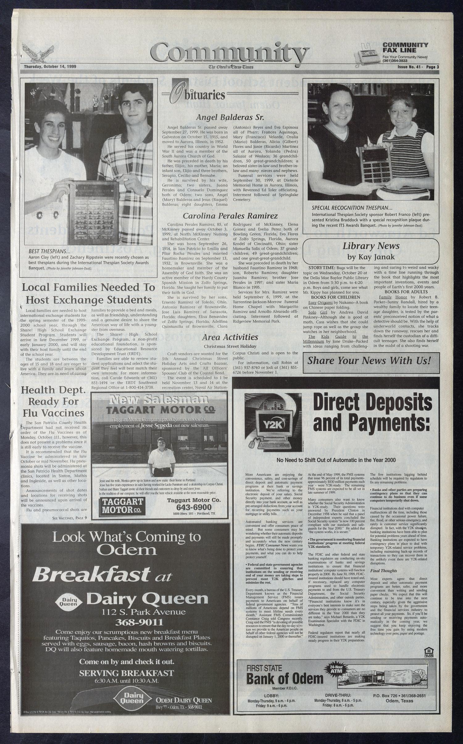 The Odem-Edroy Times (Odem, Tex.), Vol. 92, No. 41, Ed. 1 Thursday, October 14, 1999
                                                
                                                    [Sequence #]: 3 of 10
                                                