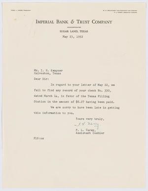 Primary view of object titled '[Letter from F. L. Usrey to I. H. Kempner, May 23, 1952]'.