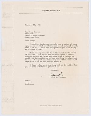[Letter from David L. Florence to Denny Kempner, November 17, 1983]