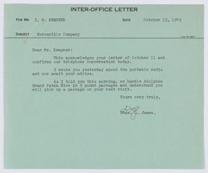 [Letter from T. L. James to I. H. Kempner, October 13, 1949]