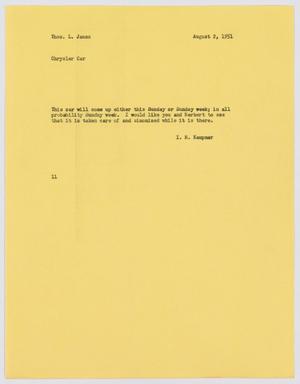 Primary view of object titled '[Letter from I. H. Kempner to Thos. L. James, August 2, 1951]'.