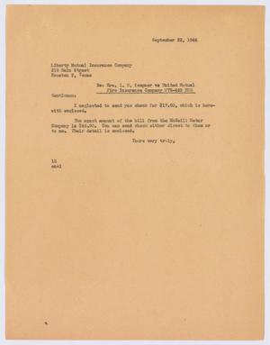 Primary view of object titled '[Letter from I. H. Kempner to Liberty Mututal Insurance Company, September 22, 1944]'.