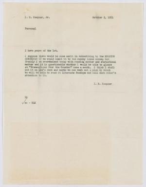 Primary view of object titled '[Letter from I. H. Kempner to I. H. Kempner, Jr., October 2, 1951]'.