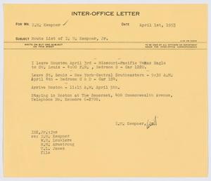 [Inter-Office Letter from I. H. Kempner, Jr., to I. H. Kempner, April 1, 1953]