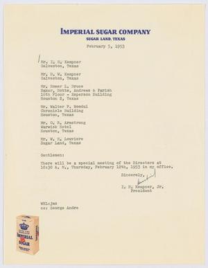 [Letter from I. H. Kempner to Director's of Imperial Sugar Company, February 5, 1953]