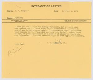 [Letter from I. H. Kempner, Jr., to I. H. Kempner, October 1, 1951]