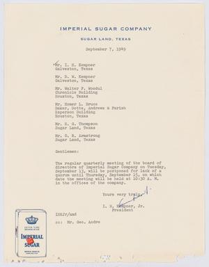 [Letter from I. H. Kempner, Jr., to Directors of Imperial Sugar Company, September 7, 1949]