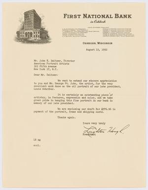 [Letter from Leighton Hough to John E. Zeltzer, August 15, 1952]
