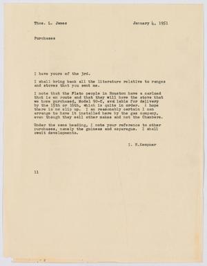 [Letter from I. H. Kempner to Thos. L. James, January 4, 1951]