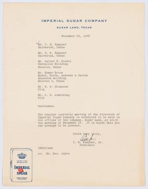 Primary view of object titled '[Letter from I.  H. Kempner, Jr., to Directors of Imperial Sugar Company, November 29, 1948]'.