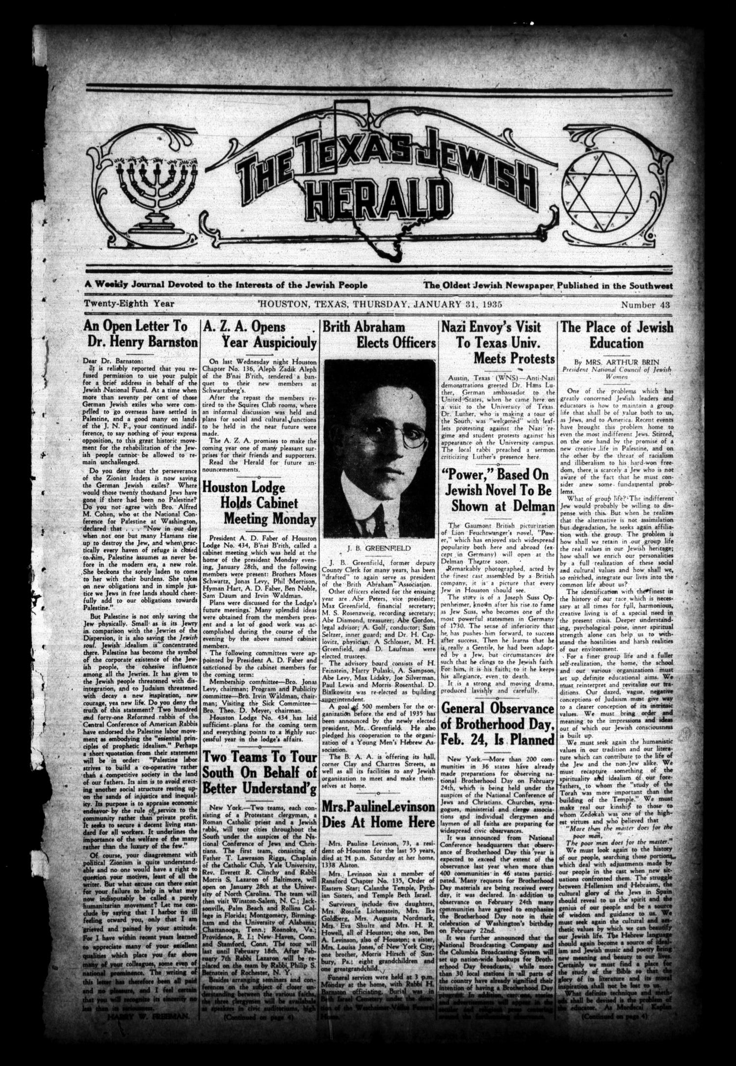 The Texas Jewish Herald (Houston, Tex.), Vol. 28, No. 43, Ed. 1 Thursday, January 31, 1935
                                                
                                                    [Sequence #]: 1 of 4
                                                