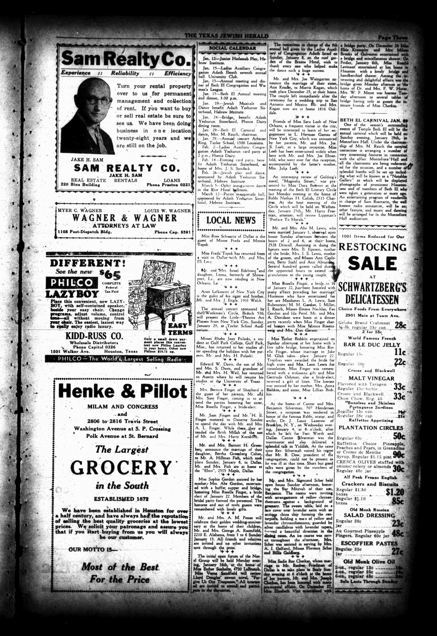 The Texas Jewish Herald (Houston, Tex.), Vol. 26, No. 40, Ed. 1 Thursday, January 12, 1933
                                                
                                                    [Sequence #]: 3 of 4
                                                