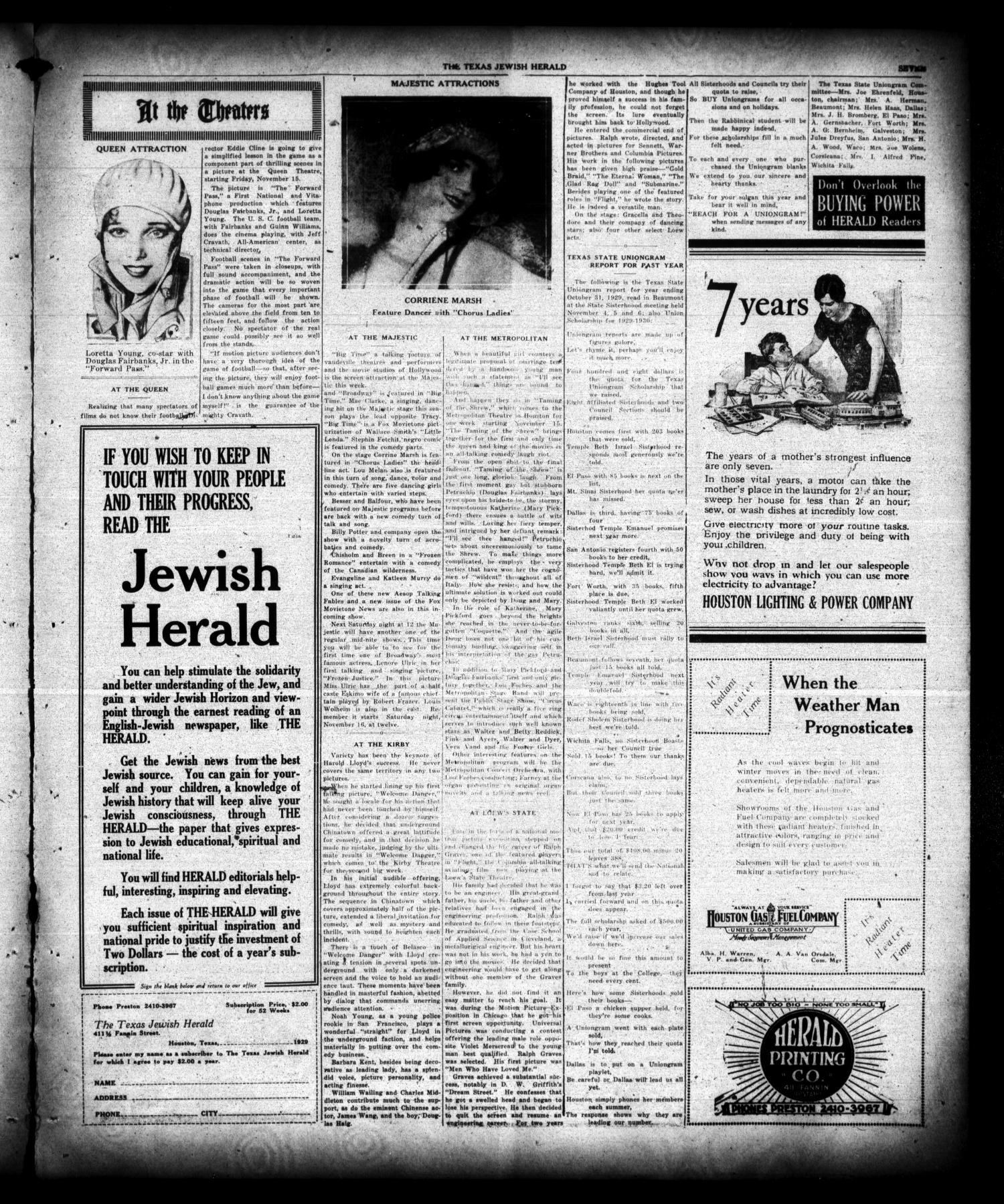 The Texas Jewish Herald (Houston, Tex.), Vol. 22, No. 31, Ed. 1 Thursday, November 14, 1929
                                                
                                                    [Sequence #]: 7 of 8
                                                