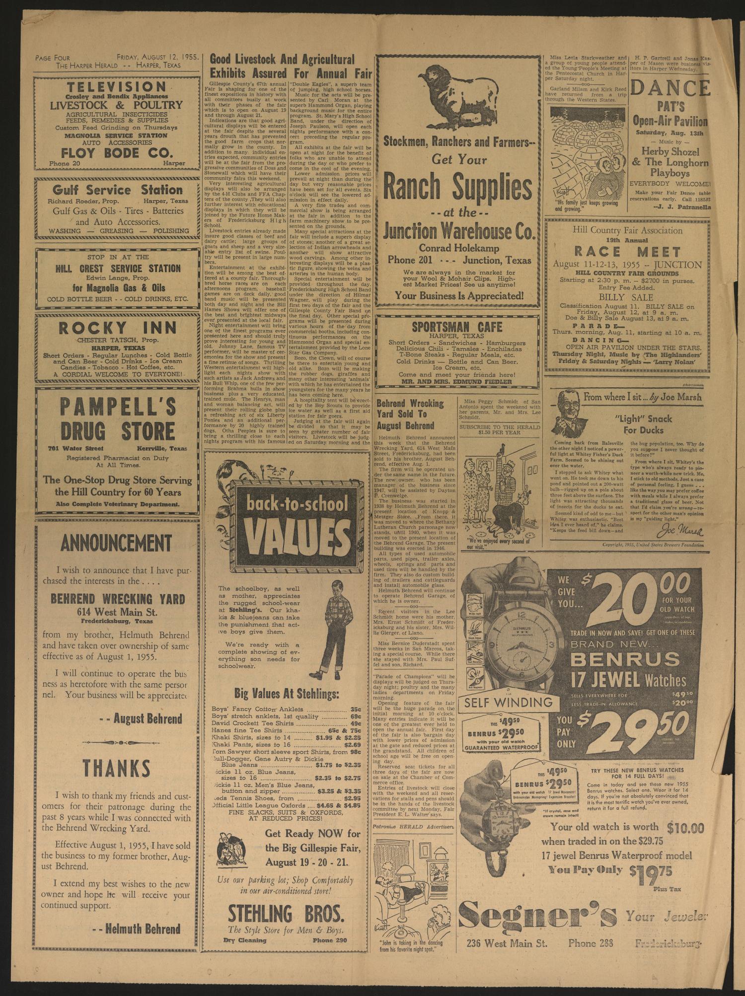 The Harper Herald (Harper, Tex.), Vol. 40, No. 32, Ed. 1 Friday, August 12, 1955
                                                
                                                    [Sequence #]: 4 of 4
                                                