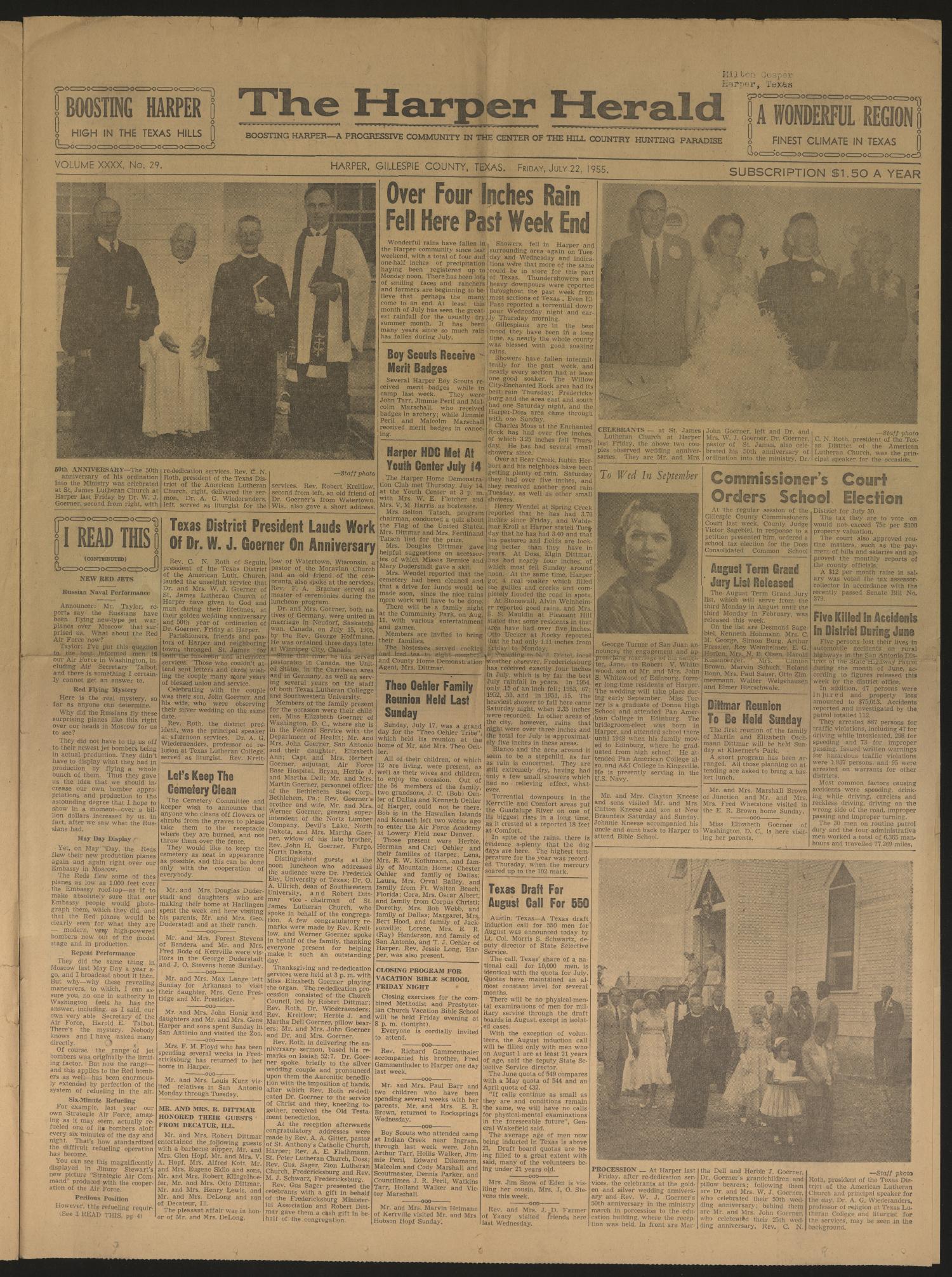 The Harper Herald (Harper, Tex.), Vol. 40, No. 29, Ed. 1 Friday, July 22, 1955
                                                
                                                    [Sequence #]: 1 of 4
                                                