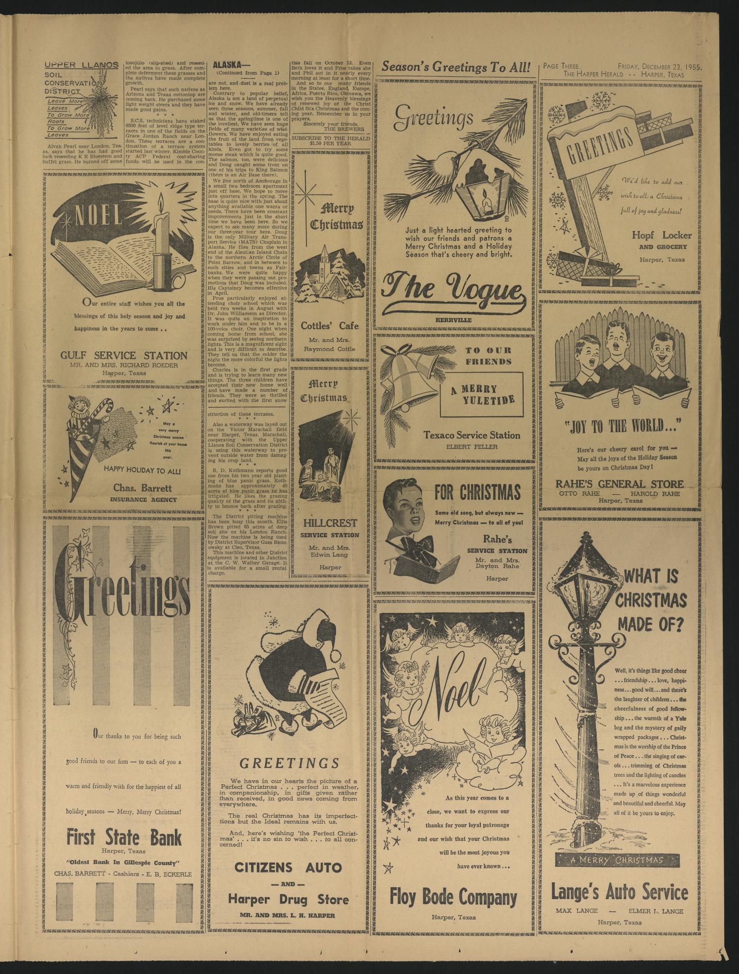 The Harper Herald (Harper, Tex.), Vol. 40, No. 51, Ed. 1 Friday, December 23, 1955
                                                
                                                    [Sequence #]: 3 of 8
                                                