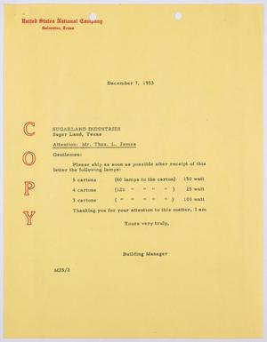 [Letter from the United States National Company's Building Manager to Thos. L. James, December 7, 1953]