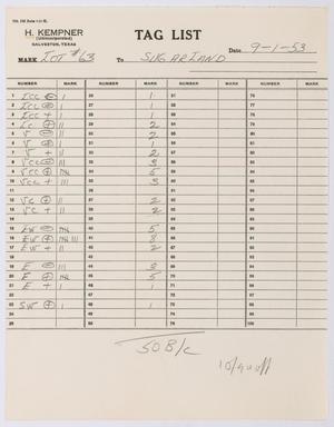 [Tag List: Lot #63, September 1, 1953]