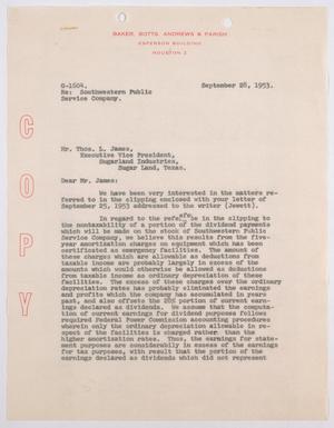 [Letter from Baker, Botts, Andrews & Parish to Thomas L. James, September 28, 1953]