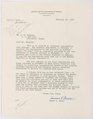 [Letter from Homer L. Bruce to I. H. Kempner, February 23, 1953]