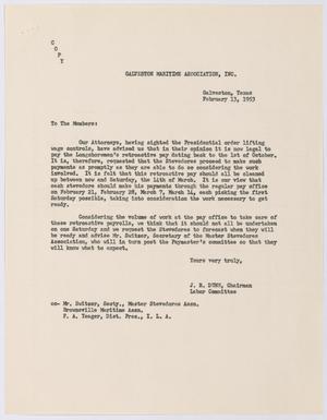 [Letter from J. R. Dunn to Galveston Maritime Association, Inc., February 13, 1953]
