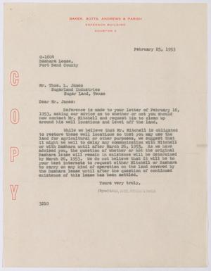 [Letter from Baker, Botts, Andrews & Parish to Thos. L. James, February 25, 1953]