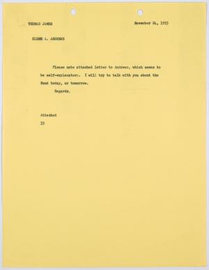 Primary view of object titled '[Letter from Harris Leon Kempner to Thomas James, November 24, 1953]'.