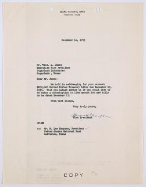 [Letter from the Texas National Bank's Vice-President to Thos. L. James, December 11, 1953]