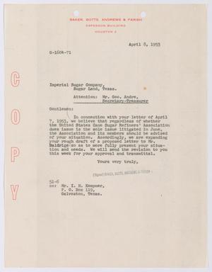 [Letter from Baker, Botts, Andrews & Parish, to Geo. Andre, April 8, 1953]