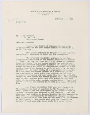 [Letter from Homer L. Bruce to I. H. Kempner, February 11, 1953]