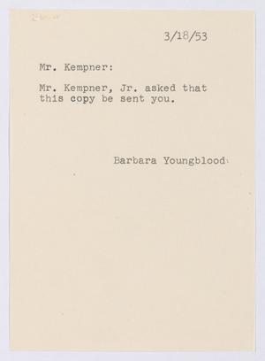 [Letter from Barbara Youngblood to I. H. Kempner, March 18, 1953]