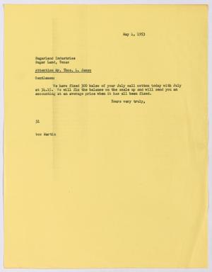 [Letter from Harris Leon Kempner to Sugarland Industries, May 4, 1953]
