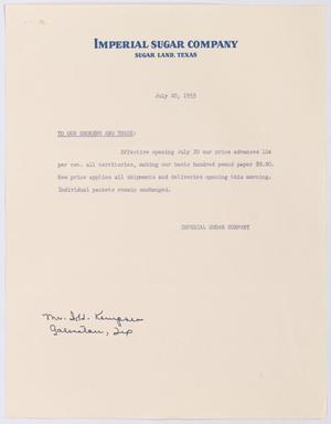 [Letter from Imperial Sugar Company to Brokers and Trade, July 20, 1953]