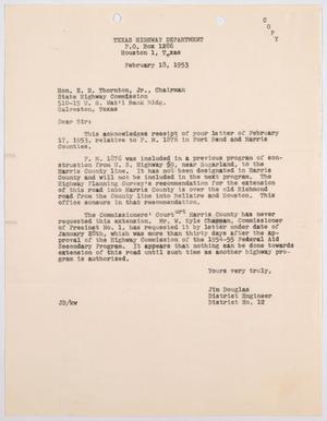 [Letter from Jim Douglas to E. H. Thornton, Jr., February 18, 1953]