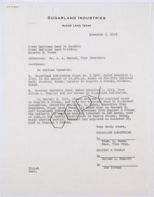 [Letter from Sugarland Industries to First National Bank in Houston, December 8, 1953]
