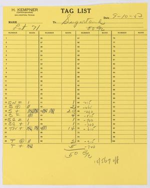 [Tag List: Lot #71, September 10, 1953]