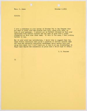 Primary view of object titled '[Letter from I. H. Kempner to Thomas L. James, October 9, 1953]'.