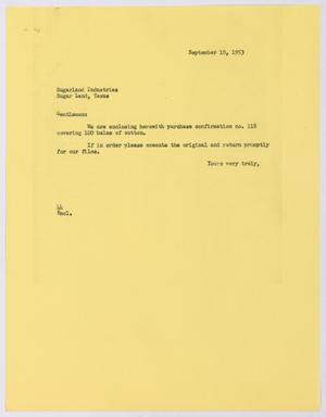 [Letter from A. H. Blackshear to Sugarland Industries, September 10, 1953]