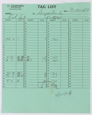 [Tag List: Lot #69, September 10, 1953]