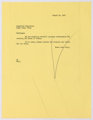 [Letter from A. H. Blackshear, Jr. to Sugarland Industries, August 20, 1953]