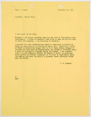 [Letter from I. H. Kempner to Thomas L. James, September 23, 1953]