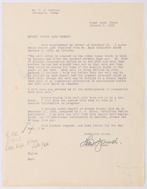 Primary view of object titled '[Letter from Thomas L. James to Brooks County Land Owners, January 5, 1953]'.