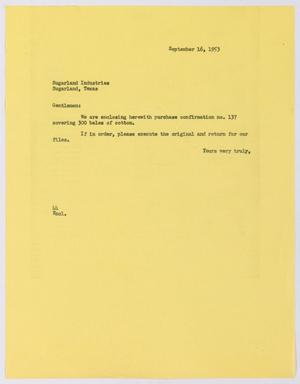 [Letter from A. H. Blackshear, Jr. to Sugarland Industries, September 16, 1953]