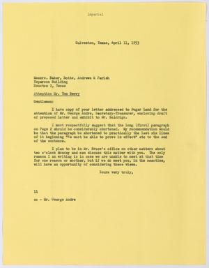 [Letter from I. H. Kempner to Baker, Botts, Andrews & Parish, April 11, 1953]