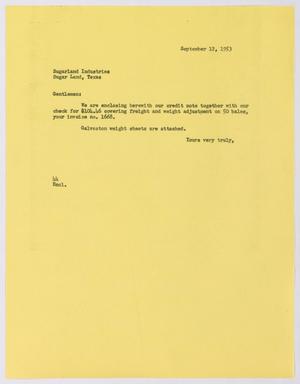 Primary view of object titled '[Letter from A. H. Blackshear, Jr. to Sugarland Industries, September 12, 1953]'.