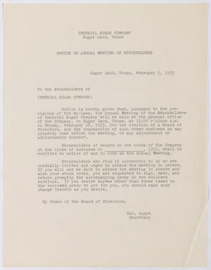 [Letter from G. Andre to Imperial Sugar Stockholders, February 1, 1953]