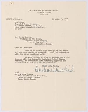 [Letter from Baker, Botts, Andrews & Parish to I. H. Kempner, November 9, 1953]