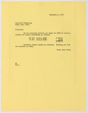 [Letter from A. H. Blackshear, Jr. to Sugarland Industries, September 4, 1953]