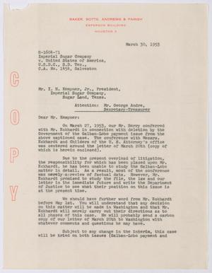 [Letter from Baker, Botts, Andrews & Parish to I. H. Kempner, Jr., March 30, 1953]