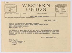 [Telegram from I. H. Kempner, Jr., to H. M. Baldrige, May 29, 1953]